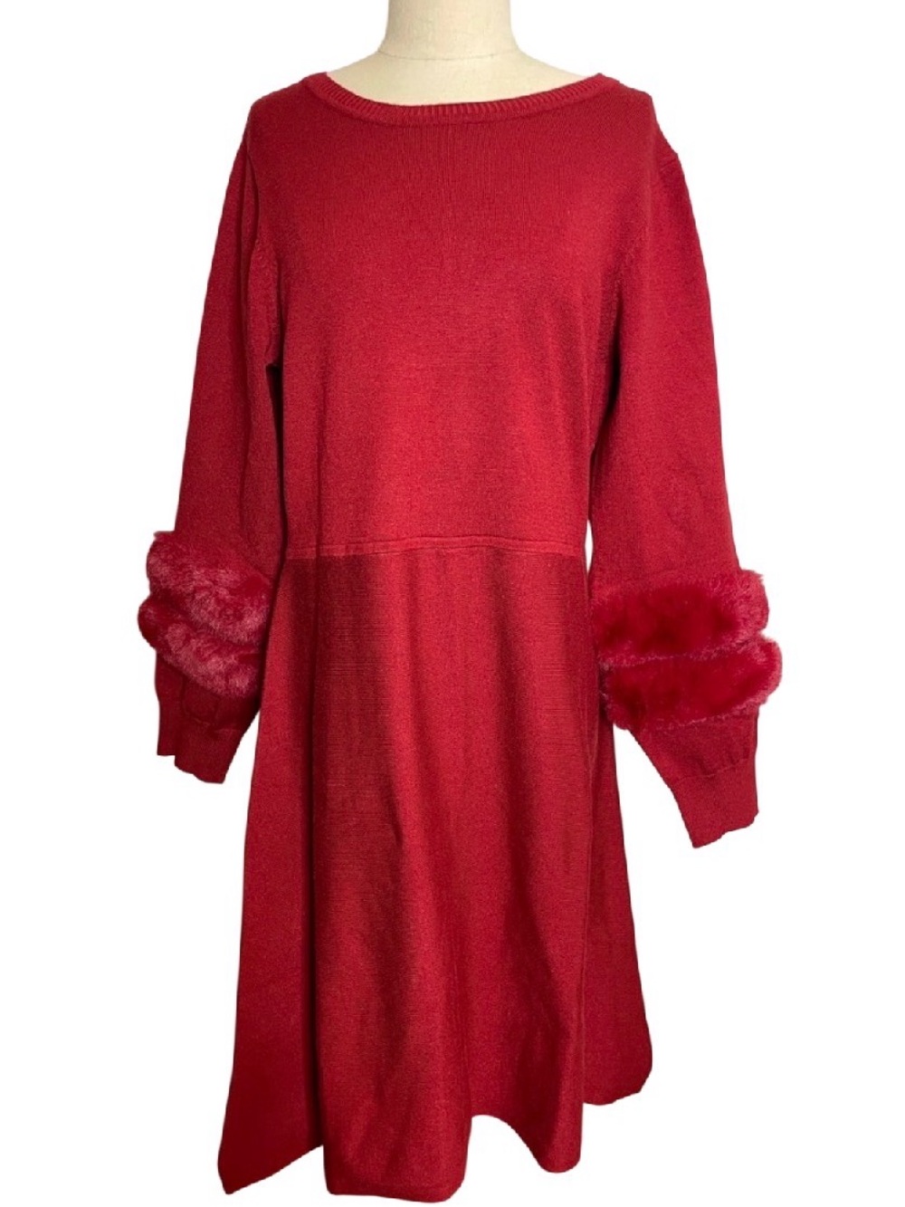 Birch NY Red Knit Dress with Faux Fur Cuff Detail Size Large
